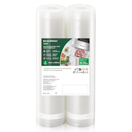 Bonsenkitchen Sacchetti per Sottovuoto, 2 rotoli 20 x 600 cm (totale 12 m) Sacchi commerciali per conservazione alimenti e cottura Sous Vid, VB3206