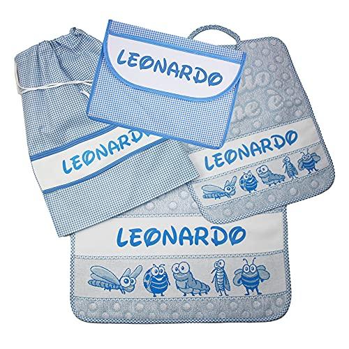 ALMATEX SRL SET ASILO PERSONALIZZATO CON NOME composto da 4 pezzi:bavaglino spugna con elastico cm.28x33, asciugamano cm.40x55,sacca e bustina con fascia PERSONALIZZATI Cotone 100% Made in Italy