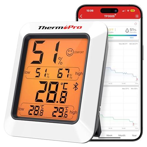 ThermoPro Termoigrometro per Casa TP350, Termometro Bluetooth per Serra da Interni Monitor Fino a 80m, Sensore di Temperatura Misuratore di Umidità Retroilluminato con Esportazione Dati per 2 Anni