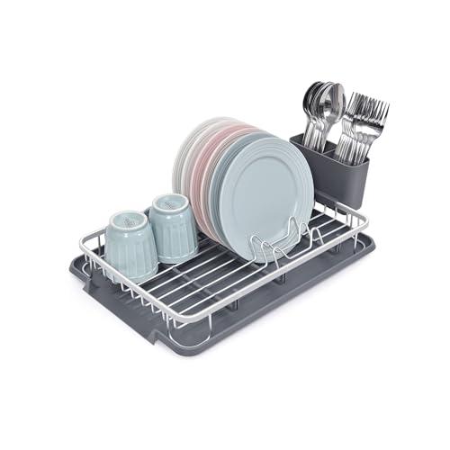 Amig - Scolapiatti Ezzik - 41,7 x 28,7 x 6 cm - Alluminio e Plastica - Colore Grigio - Scolapiatti con Vassoio di Sgocciolamento e Supporto per Posate - Capacità per 8 Piatti, Bicchieri e Posate