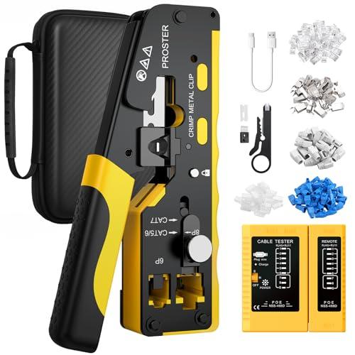 Proster Pinza Crimpatrice Rj45 CAT7 Professionale con Design Passante 20 Connettori Schermati Tester di Rete Ricaricabile e Custodia Kit Completo per Reti ad Alta Velocità