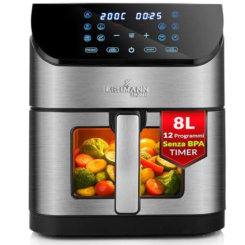 LEHMANN Friggitrice ad Aria XXL 8 Litri, 1800 W, Air Fryer con Finestra di Visualizzazione, Pannello Digitale, 12 Modalità Intelligenti, max 200°C, Lavabile in Lavastoviglie, 90% di Grassi in Meno