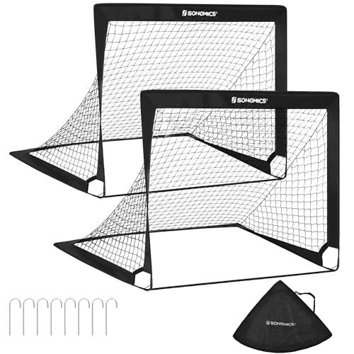 SONGMICS Set di 2 Porte da Calcio Pieghevoli per Bambini, Montaggio Veloce, in Giardino Parco Spiaggia, in Fibra di Vetro Elastico, Tessuto Oxford e Poliestere