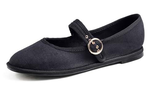 Feversole Women's Mary Jane Fashion，Scarpe Basse Classiche da Donna Décolleté Eleganti Mary Jane con Fibbia Morbida Scarpe da Ballo per Balletto per Donna Tutti i Canvas Neri 38