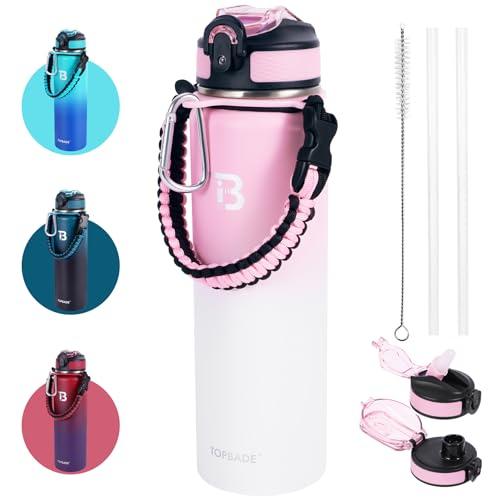 TOPBADE 1L Borraccia Termica con 2 Coperchi (Cannuccia & no Cannuccia), 1000 ml Bottiglia Termica con Manico Paracord Senza Perdite Borracce Acciaio Inox per Scuola, Sport, Palestra, Ciclismo