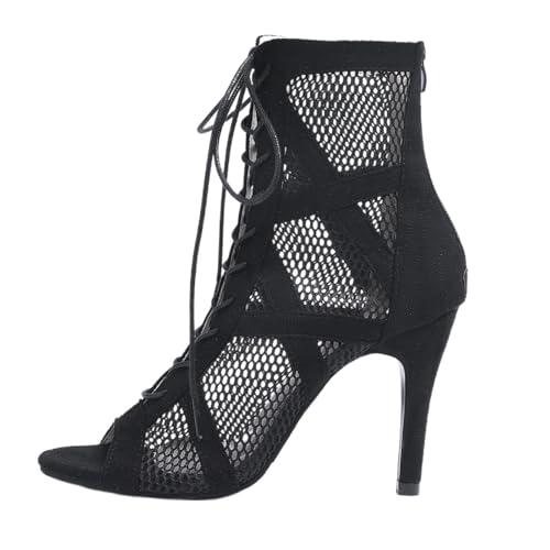Heels Dance Class Bootie Scarpe da Ballo Donna con Tacco Alto Sexy in Rete Eleganti Decollete Scarpe Tacco Donna Punta Aperta con Lacci 7/10 cm per Dance Performance (02-Nero 10cm, 37)