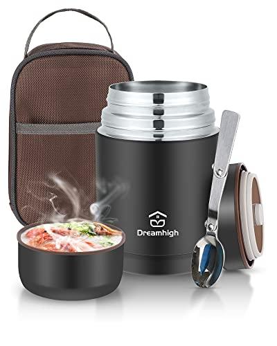 Dreamhigh® Termos per Alimenti 800 ml, Contenitore Termico per Alimenti Caldi, Thermos Pappa Neonati Acciaio Inossidabile con Sacchetto Isolante e Cucchiaio, Portavivande per Zuppa, Pasta (Nero)