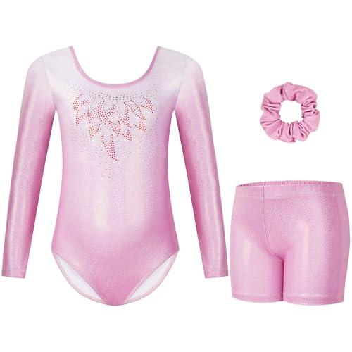 Gogokids Maglia da ginnastica a tre pezzi, a maniche lunghe, con pantaloncini e fascia per capelli, per danza classica, per bambine dai 3 ai 12 anni, A-Rosa, 150(140-150 cm,11-12Y)