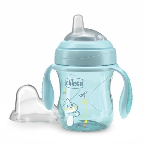 Chicco Transition Cup Bicchiere Antigoccia per Bambini 200ml, 1 Tazza Biberon 4+ Mesi per Imparare a Bere, con Beccuccio Ergonomico in Silicone, Doppia Valvola Anticolica, senza BPA - Azzurro