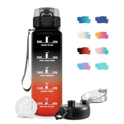 JAPORIA Borraccia 1 Litro, Borraccia Sportiva con Filtro, Bottiglia Acqua Sportiva con Indicatore del Tempo, Facile da Pulire, Borracce a Prova Di Perdite, per Bicicletta, Viaggio, Ufficio, Campeggio