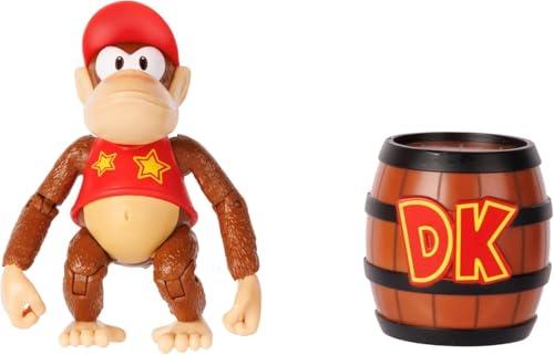 Nintendo Action Figure Diddy Kong 10 cm, ufficiale Jakks Pacific, 13 punti di articolazione, include accessorio barile, ideale per collezionisti di videogiochi e fan Donkey Kong
