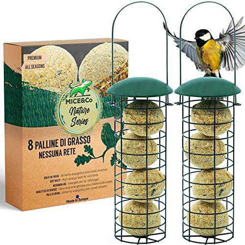 Mice&Co Mangiatoia per Uccelli da Esterno con Palle di Grasso – Casetta per Uccellini Giardino con Sfere di Lardo I Pack 2 Mangiatoie per Volatili e 16 Palline di Cibo