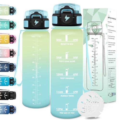 Motswedi Borraccia 1 litro, a Prova di Perdite, Borraccia Motivazionale, Riutilizzabile, Bottiglia Acqua, Senza BPA, Borracce, per Palestra, Ufficio, Sport, Ciclismo, Running, Bianco Sporco Azzurro