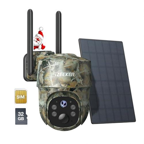 iZEEKER 4G LTE Fototrappola Solare, Fotocamera Caccia PTZ 2K con Scheda SD & SIM Visualizzazione Completa a 360°, Streaming Live, No Glow IR, Visione Notturna Motion Attivato IP65 Impermeabile