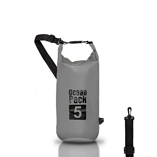 Dry Bag, Borsa Sacca Zaino Impermeabile Waterproof, chiusura a rotolo e tracolla, custodia impermeabile per cellulare e marsupio per Mare Barca Pesca Rafting Spiaggia Sport Acquatici (Grey, 5l)