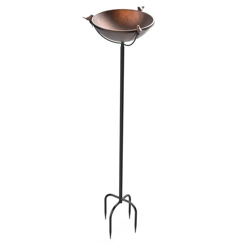 EFUTURETIME Abbeveratoio per Uccelli da Giardino in Metallo con Supporto φ 26 × 109 cm Vaschetta per Uccelli Vassoio Regolabile in Altezza con 3 Sculture di Uccelli per Esterno Balcone, Bronzo