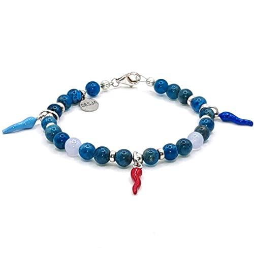 Bracciale pietra dura naturale Apatite corni colorati in argento 925 e pietra Acquamarina - Anita -