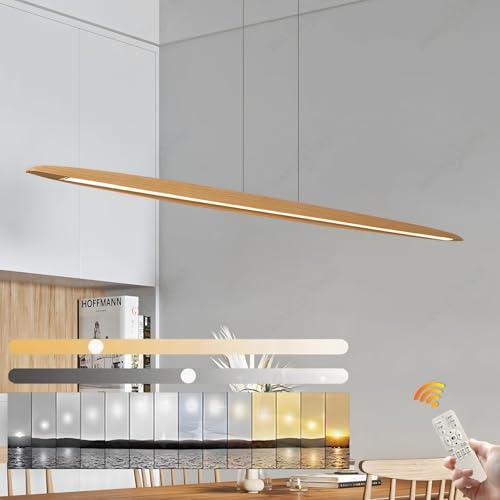 YYUTLUO Lampada A Sospensione A LED In Legno Per Tavolo Da Pranzo, Dimmerabile Con Telecomando, Lampada Sospensione Altezza Regolabile Design Lineare Moderno Lampada Soggiorno Sospesa Per Sala (130cm)