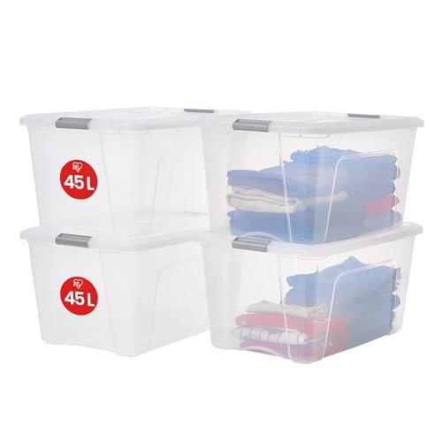 Iris Ohyama Scatole Portaoggetti in Plastica con Coperchio, 45L, Lotto di 4, Argento, Clip di Bloccaggio, Empilabile, Maniglia, Per Camera, Armadio, Ufficio, Organizzatore, Senza BPA Plastica, NTB-45