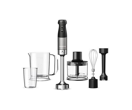 Kenwood Triblade XL Pro HBM80.322BK, Minipimer con Sistema Triblade, Velocità Variabile + Turbo, Asta in Acciaio Inox, Tritatutto da 500ml, Frusta, Emulsionatore, Bicchieri 700 e 250 ml, 1200W, Nero