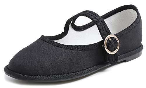Feversole Women's Mary Jane Fashion，Scarpe Basse Classiche da Donna Décolleté Eleganti Mary Jane con Fibbia Morbida Scarpe da Ballo per Balletto per Donna Tela Nero 40