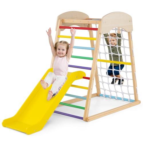 COSTWAY Set Arrampicata 6 in 1, Parco Giochi Interno in Legno con Rampicata a Doppia Faccia Sbarre Rete da Arrampicata e Scala da Arrampicata, per Bambini 1 Anno+ (colorato)