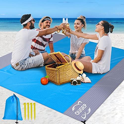 OUGEP Coperta da Spiaggia, Picnic, Impermeabile Grande 230x200cm Portatile, Telo Anti Sabbia Tappetino da Mare per 5-8 Persone Campeggio, Escursionismo (Blu+Grigio)
