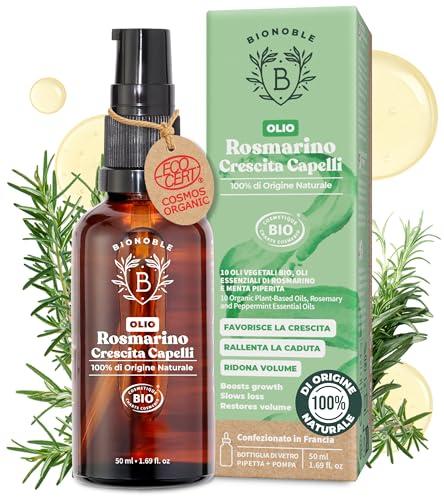 BIONOBLE Olio di Rosmarino per Capelli Bio - Stimola Crescita e Riduce Caduta - Olio Essenziale Rosmarino, Ricino, Argan e Jojoba - Rosemary Oil for Hair Growth - Bottiglia di Vetro + Pipetta - 50ml