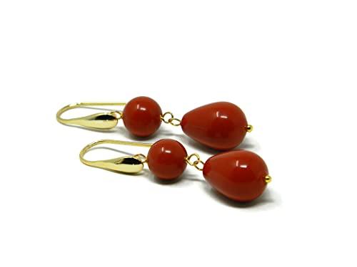 Orecchini pendenti donna in pasta di corallo rosso Sardegna – Pallina 10 mm e goccia 12x16 mm – Argento 925 placcato oro – Handmade Made in Italy – Anallergici Nickel-Free - DodiGioielli