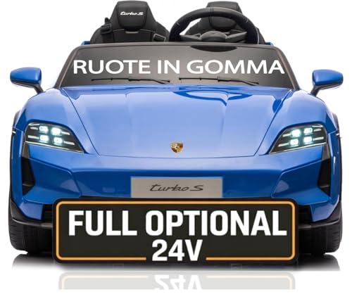 Auto Elettrica per Bambini 24V Porsche Taycan TurboS 2 Posti Macchina Elettrica con Ruote in Gomma Telecomando Luci LED Bluetooth Blu
