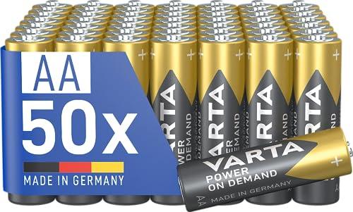 VARTA Batterie AA, confezione da 50, pile Power on Demand, Alcaline, 1,5V, pacco di stoccaggio, per accessori computer, dispositivi Smart Home, Made in Germany [Esclusivo su Amazon]