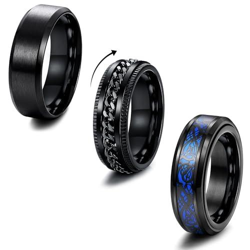 Milacolato 3 Anello Uomo Nero Acciaio Inossidabile Anello Antistress Cool Catena Ritorta Ferma Anello Celtico Drago Fascia Anello Spinner Anelli Apribottiglie Di Birra, Larga 8mm