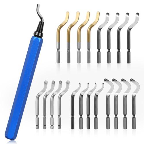 KOMABLEN 21 Pezzi Sbavatore di Attrezzi Set, Sbavatura Strumento con 20 HSS Lame di Ricambio, 360°Rotazione Sbavatore per Metallo per Stampante 3D, Plastica, Alluminio, Rame e Acciaio