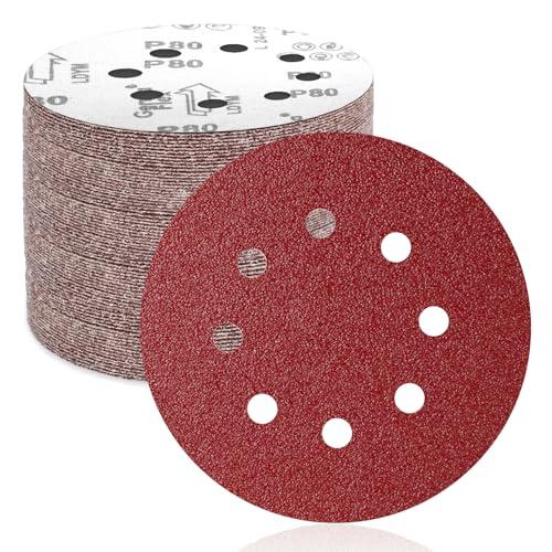 FEIHU 50 Pezzi Dischi Abrasivi 125mm, Carta Vetrata Abrasiva 8 Fori per Levigatrice Orbitale: Grana 80