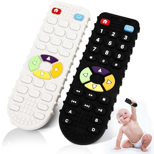 Dentizione Sollievo Dentiera Giocattoli Senza BPA, 2 Pezzi Massaggia Gengive Neonati, Telecomando Giochi Dentizione Neonato, Massaggiagengive Silicone per 3-24 Mesi Ragazzi e Raqazze (Nero+Bianco)