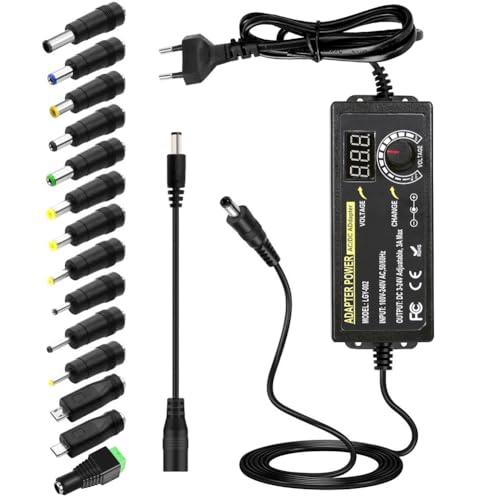 Alimentatore Universale, 3-24V Caricabatterie Universale, 3A, 72W Adattatore di Alimentazione Regolabile 100 V-240 V AC a DC con Indicatore di Tensione LED e 5,5 x 2,5 mm, 14 Consigli per Elettronica