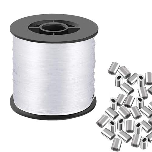 SRTSTR 200M Filo Nylon Trasparente 0,8 mm Filo da Pesca Filo Trasparente per Appendere con 100 Manicotti ad Anello di Aggraffatura per Fai da te, Pesca, Artigianato, Gioielli, Sospensione