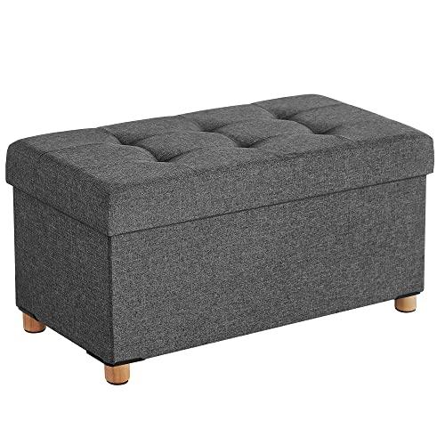 SONGMICS LSF16GYZ - Panca portaoggetti imbottita pieghevole, con coperchio, gambe in legno massello, risparmio di spazio, volume 65L, capacità di carico 300 kg, per camera da letto, corridoio, grigio