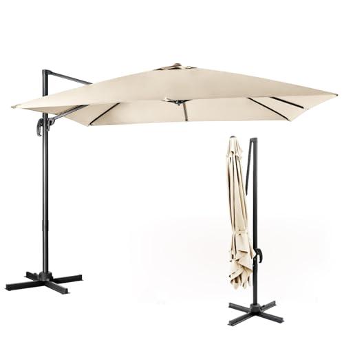 COSTWAY Ombrellone da Giardino, 300 x 300 cm, Ombrellone da Esterno con 3 Inclinazioni, Rotazione a 360°, Manovella, 8 Stecche, Base Incrociata (Beige)