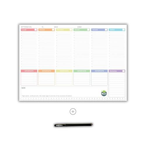 Planner Settimanale da tavolo 2025 Con Penna Omaggio, Formato A4, Cartoncino di Supporto, Data Personalizzabile, 50 fogli a strappo, Ecologico, Agenda settimanale 2025