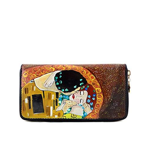 Portafoglio da donna in pelle dipinta a mano - IL BACIO DI KLIMT - Portafogli Donna, Vera Pelle, Made in Italy, chiusura con cerniera lampo, porta carte credito, Lavorazione Artigianale