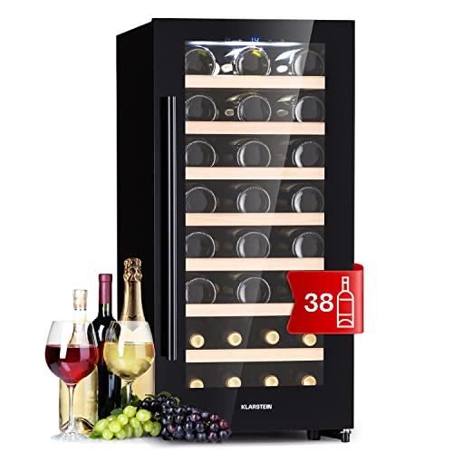 KLARSTEIN Cantinetta Vino Refrigerata a Zona Singola per Interno/Esterni, Frigo Bar, Cantina Vino con Vetrina, Mini Frigo con Protezione UV, Frigorifero Piccolo Touch Control 5-18°C 38 Bottiglie