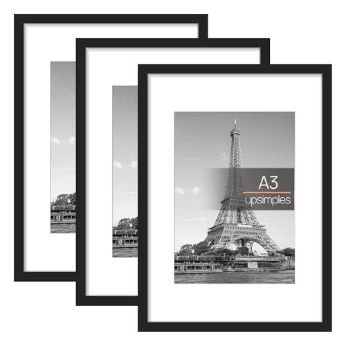 upsimples Cornice A3, Confezione da 3 Cornici portafoto Nere, Formato 29,7 x 42 cm, Con Supporto Orientamento Orizzontale o Verticale, Cornici per Ppuzzle, Parete, Poster, Diploma Universitario