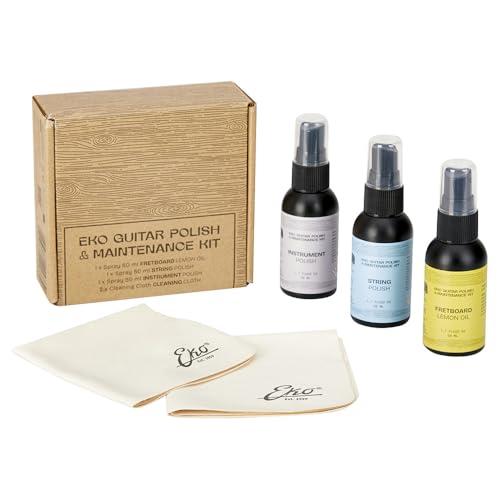 EKO GUITARS - Polish and Maintenance Kit, per Pulizia e Cura della Chitarra, 3 Spray 50 ml per Tastiera, Corde e Corpo, 2 Panni Microfibra Inclusi
