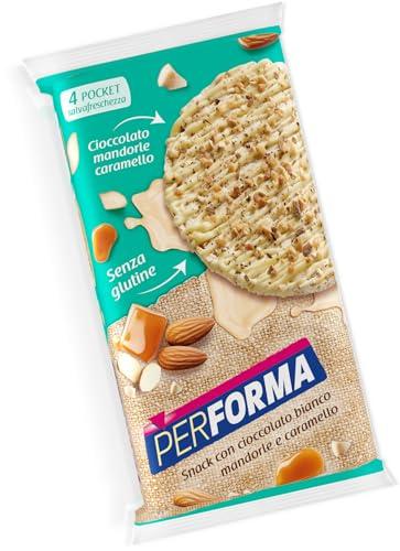 Pesoforma GALLETTE CON CIOCCOLATO BIANCO MANDORLE E CARAMELLO, Gallette di mais ottimali come snack, Senza glutine, A basso contenuto di sale, Solo 81 calorie, Confezione da 8 gallette
