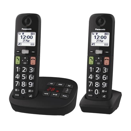 Panasonic KX-TGU132EXB Telefono Cordless Digitale con Segreteria Telefonica, Unità Base e 2 Ricevitori, Display LCD, Tasti Grandi, Fav Call, Compatibile con gli Apparecchi Acustici, Nero