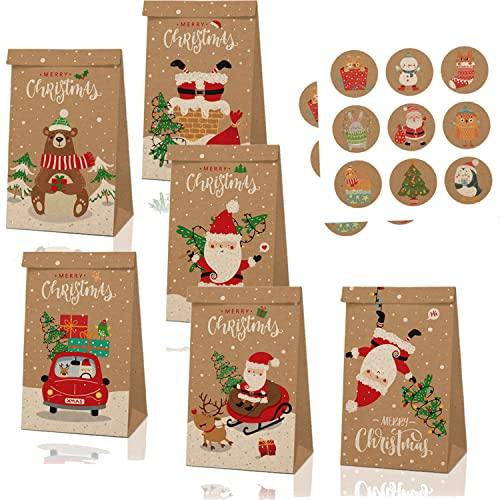 Notwoe®12 Pezzi Sacchetti Regalo Natale,Sacchetti Carta Regalo con una bella grafica,Adesivi personalizzati,Sacchettini Carta Kraft per Caramelle Compleanno,Feste, Matrimoni, Celebrazione. (cachi-B12)