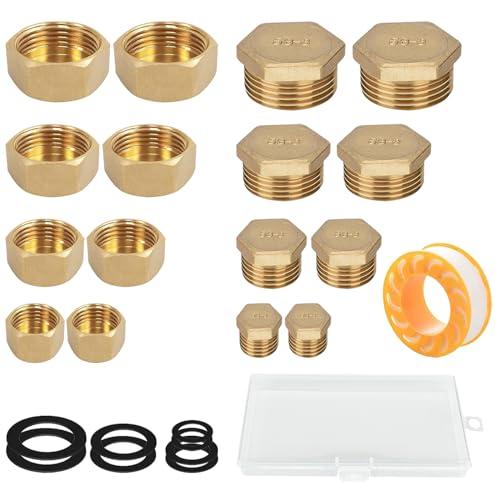 WISIRENT 16 Pcs Tubo Dell'Acqua con Tappo Cieco, 1/8 1/4 3/8 1/2 Tappo per Tubo in Ottone con Filettature Interne ed Esterne, Tappo Ottone 1/2, Tappo in Ottone Esagonale con Scatola Portaoggetti