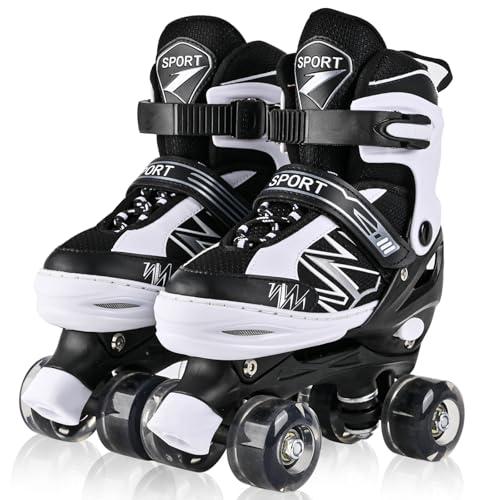 Pattini a rotelle per bambini ragazze ragazzi principianti, 4 misure regolabili per bambina e bambino con ruote luminose, pattini a rotelle nero e bianco per lo sport (Piccolo_28-32 EU)