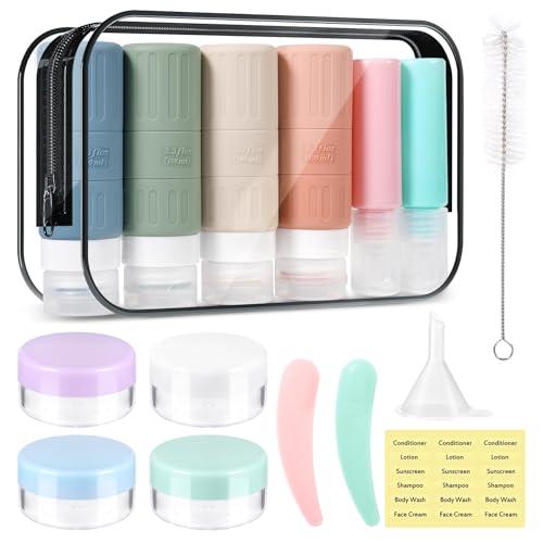 JAMATA Set da Viaggio 16pz in Silicone 100ml,Flaconi Ricaricabili Senza BPA per Shampoo,Lozione e Gel Doccia,Kit Liquidi Aereo con Valvola Anti-fuga,Trousse Inclusa, Ideale per Viaggi Aerei e Outdoor